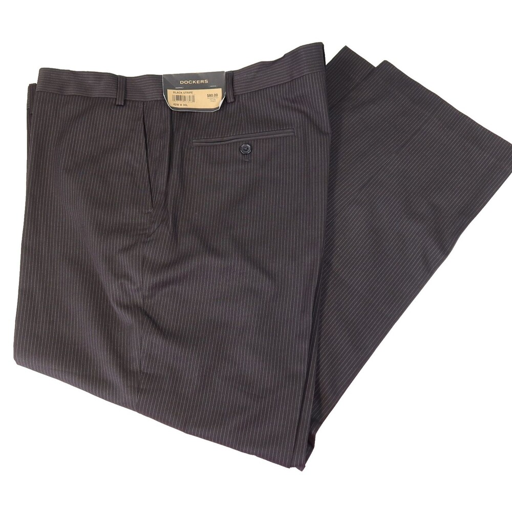 NEW Dockers Dress Pants Mens Sz 42x30 Black Pin Striped Straight Flat Front NWT